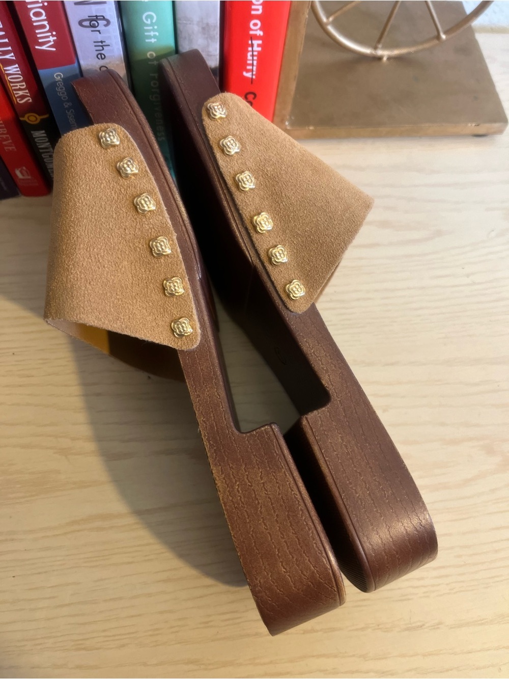 Splendid Tan Suede Slide Mules with Gold Stud Accents - Picture 5 of 8